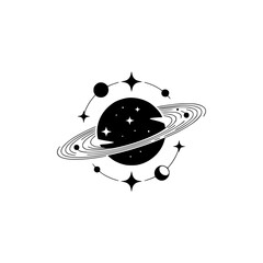 Minimalist Celestial Planet Illustration, Starry Night, Geometric Design