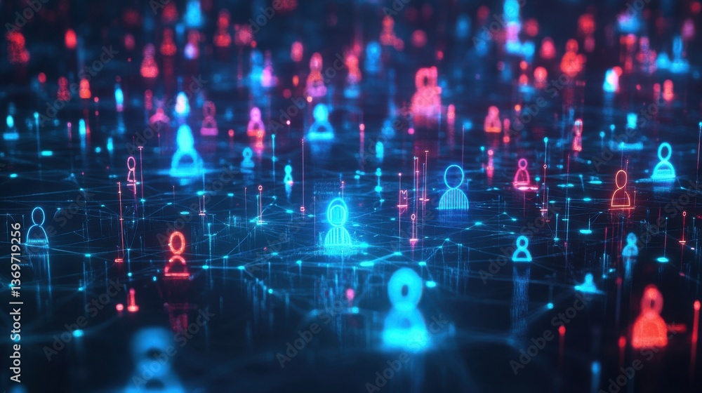 Poster digital network visualization with colorful nodes representing users in a vibrant data landscape