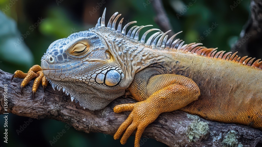 Poster a close up view of a resting iguana on a branch