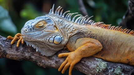 Obraz premium A close up view of a resting iguana on a branch