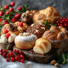 Assortment of Bread and Pastries on Vintage Table