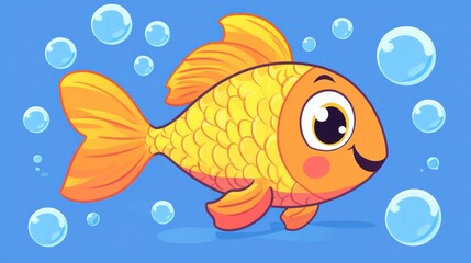 Happy goldfish swimming underwater, bubbles background; children's book illustration