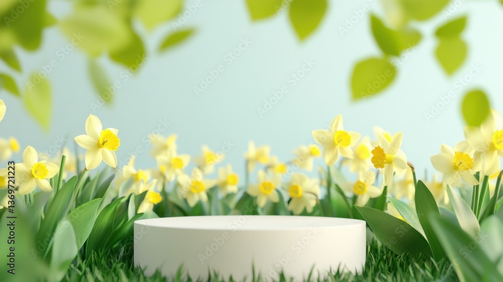 Poster daffodils bloom around a circular platform in a serene garden setting during spring