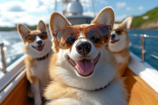 Funny Corgi Dogs wearing sunglasses are taking selfies on a yacht with the sea in the background. Generative AI