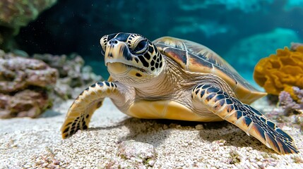 Fototapeta premium Detailed Close Up of a Sea Turtle on Sandy Seabed in Vibrant Coral Reef
