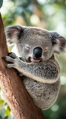 A sleeping koala is nestled comfortably on a tree branch