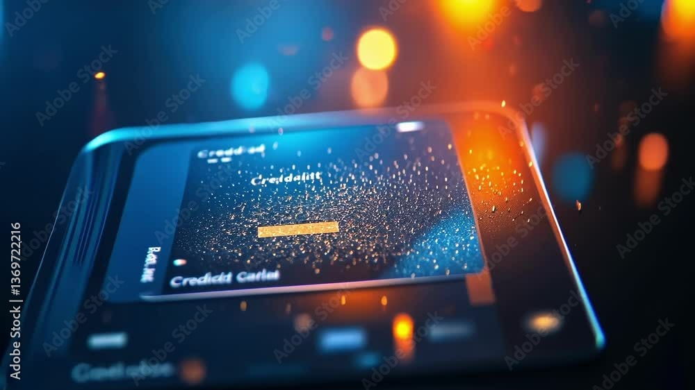 Poster mobile phone updating operating system with orange progress bar and golden particles floating on the