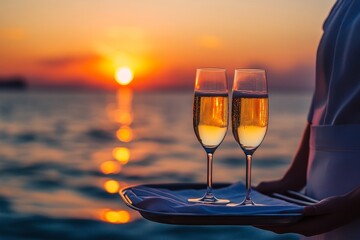 Waiter serving champagne on a tray. Summer beach sunset holiday vacation. Generative AI