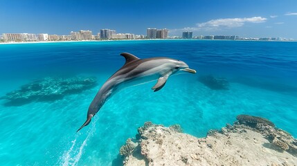 Dolphin Leaps in Vibrant Turquoise Ocean near Tropical Beach and City Skyline
