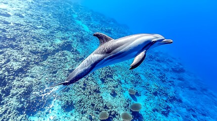 Fototapeta premium Dolphin Swimming Over Vibrant Coral Reef in Clear Blue Water