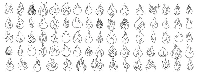 Set of hand drawn fire flame outline icons isolated on white background minimalist black line art