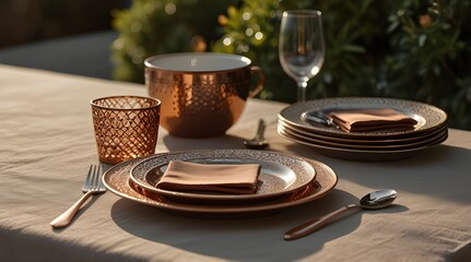 Elegantly set table with copper placemats, patterned plates, linen napkin, and silverware under warm sunlight. generative.ai