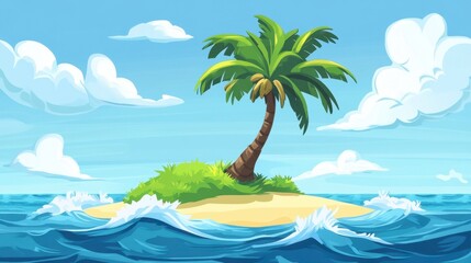 Fototapeta na wymiar Tropical Island With Palm Tree and Waves in a Bright Blue Sky