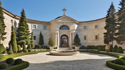 Obraz premium A serene courtyard featuring a stone pathway leading to a classical building with a prominent cross atop its facade.