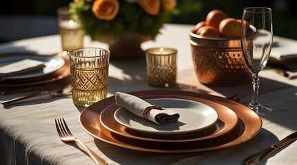 Elegantly set table with copper placemats, patterned plates, linen napkin, and silverware under warm sunlight. generative.ai