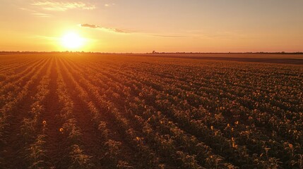 Sunlit rows of flowers in a field at sunset.