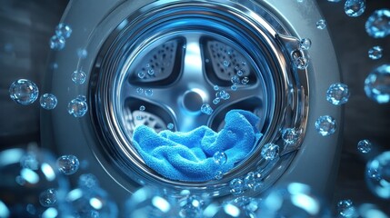 Interior with washing machine and soap bubbles, realistic automatic washing machine with a front loading with blue soup bubbles,Realistic illustration,Home appliance concept.