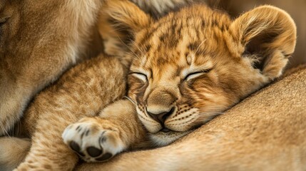 Obraz premium A sleepy baby animal resting closely beside another big animal
