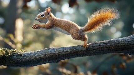 Fototapeta premium A Red Squirrel Leaping Gracefully Across a Branch in a Forest