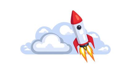 red rocket blasting through white clouds against light blue sky