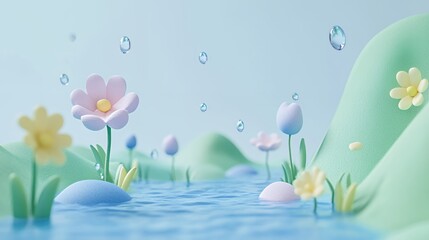 Colorful flowers and droplets above a serene blue pond landscape.
