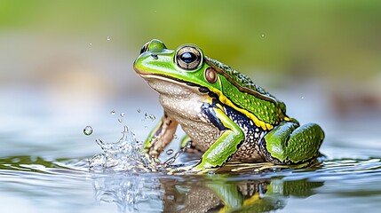 Obraz premium Green Frog Splashing in Clear Water