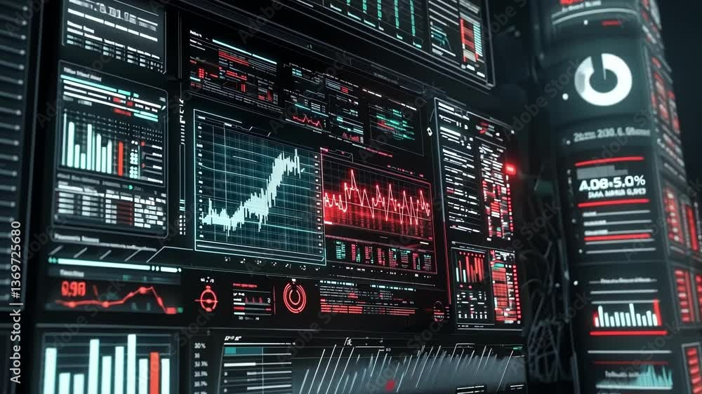 Aufkleber multiple computer screens displaying real time data analysis, charts, and graphs, illustrating a hig