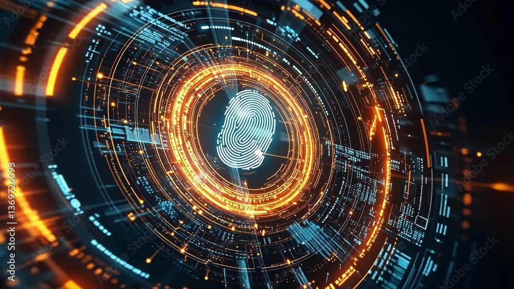Poster glowing fingerprint scanning interface representing advanced digital security and biometric authenti