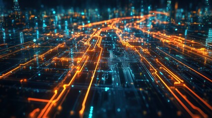 Futuristic Digital Cityscape:  A Network of glowing circuits and data streams illuminate a vibrant, technological metropolis.