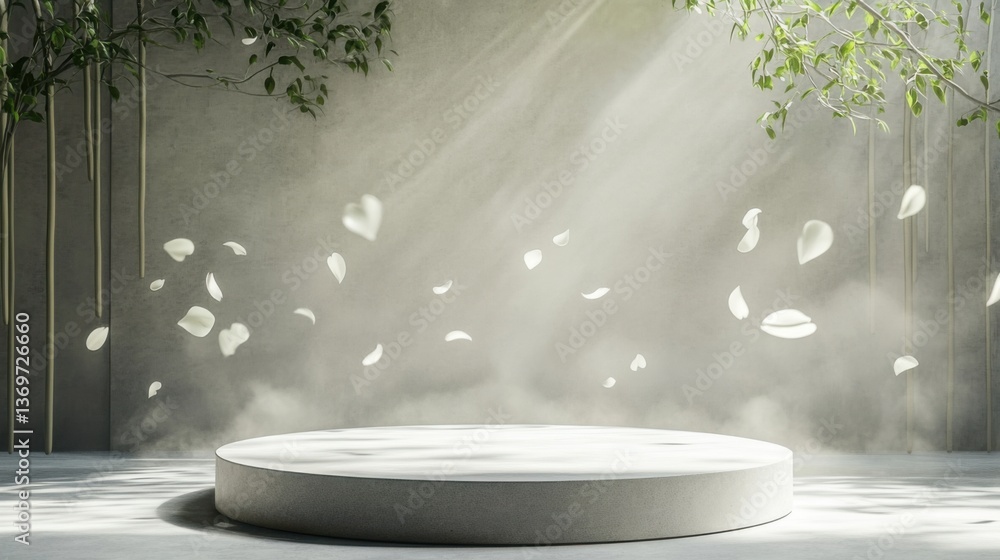 Poster elegant circular platform adorned with floating petals in a serene light-filled space showcasing tra