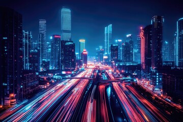 Obraz premium A busy urban landscape showcases skyscrapers glowing with neon lights as cars race along the highway after sunset, creating a lively atmosphere