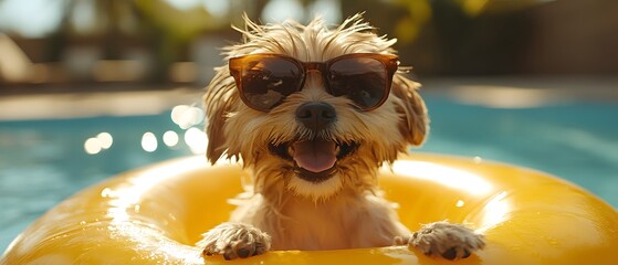 Happy dog in sunglasses relaxing on a yellow pool float