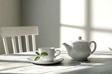 Obraz premium White Tea Set on a Wooden Table