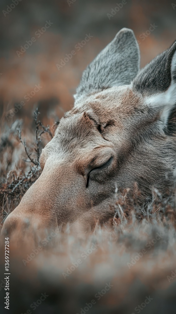 Poster a close up of a moose resting in the field