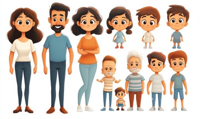 Cartoon family creation kit. Parents, children and grandparents characters constructor. Big family, mascot emotions, body gesture and hairstyle. Isolated  illustration symbols
