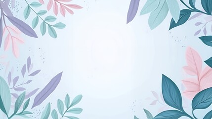 Beautiful pastel botanical frame with leaves on a soft blue background.
