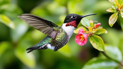 Fototapeta premium Iridescent Hummingbird Hovering Near Pink Flower in Lush Green Foliage