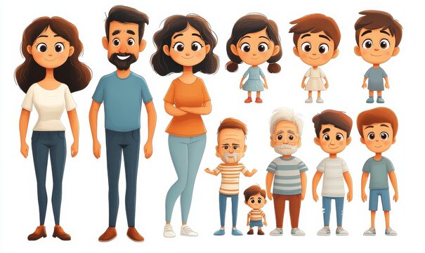Cartoon family creation kit. Parents, children and grandparents characters constructor. Big family, mascot emotions, body gesture and hairstyle. Isolated  illustration symbols - Powered by Adobe