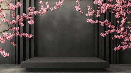 Elegant cherry blossom display with black backdrop in a modern exhibition space