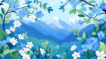 A serene landscape of blue flowers and mountains under a bright sky.