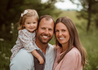 Happy family taking a selfie in a lush green park, smiling and enjoying a fun moment together in a bright outdoor setting, capturing joy and togetherness