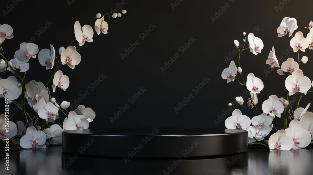 Poster elegant display with white orchids and a dark pedestal in a minimalist setting for artistic presenta