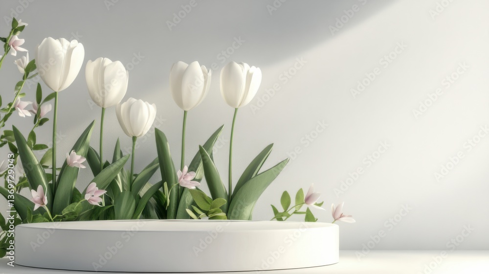 Poster white tulips and delicate blooms arranged on a minimalist display in natural light within a serene i