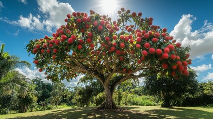 Vibrant Tree with Red Fruits Beneath Bright Blue Sky and Sunlight