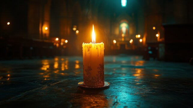 A golden Paschal candle burns brightly in a serene, dimly lit sacred space