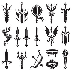 RPG weapon icon set, vector fantasy game sword collection, dungeon dragon battle attack object kit: magic sorcerer staff, warrior dagger, medieval bow, arrow, and character equipment vector 