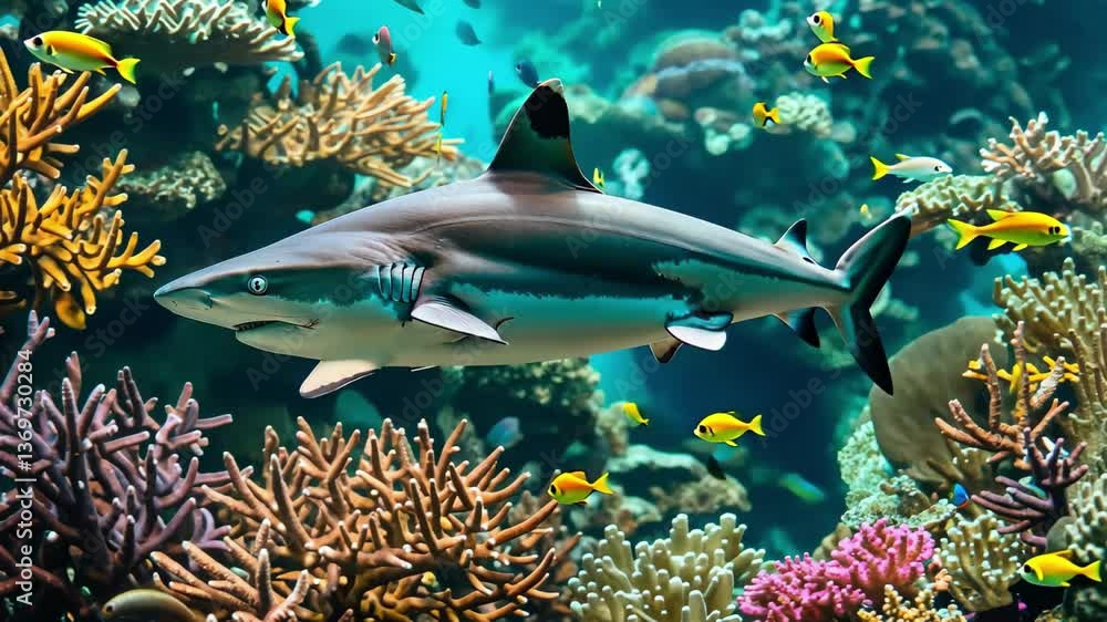 Poster the shark glides effortlessly amid brightly colored corals and various fish, creating a lively under