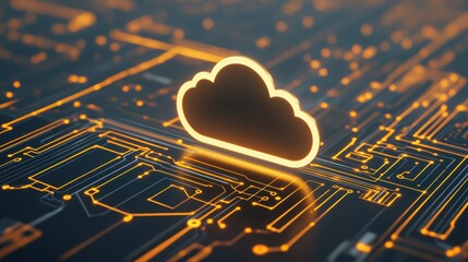 Glowing cloud icon on circuit board.
