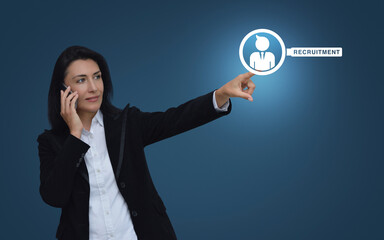 Businesswoman talking on her cell phone and pointing finger to businessman with magnifying glass flat icon over light blue background, Business recruitment service concept