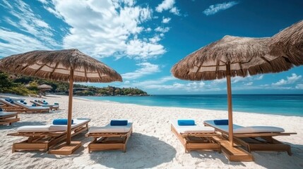 Color beach beds- umbrella and white sand on ocean shore in summer. View of sea- blue water and sky. Concept of paradise- resort- travel- vacation- relax and holiday